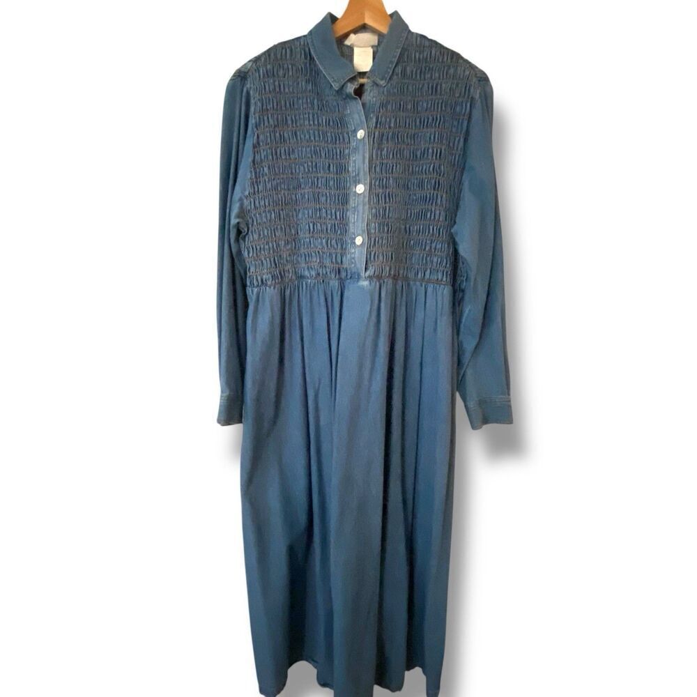 Flora C Vintage 100% Cotton 80’s 90’s Denim Dress Smocked Bodice Made In USA 14 - Picture 3 of 7